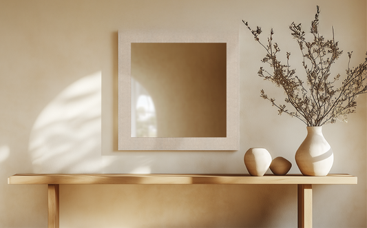 Square Mirror hanging 6" above a console table