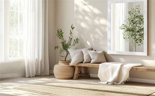 white wood framed mirror on the wall of bright entryway