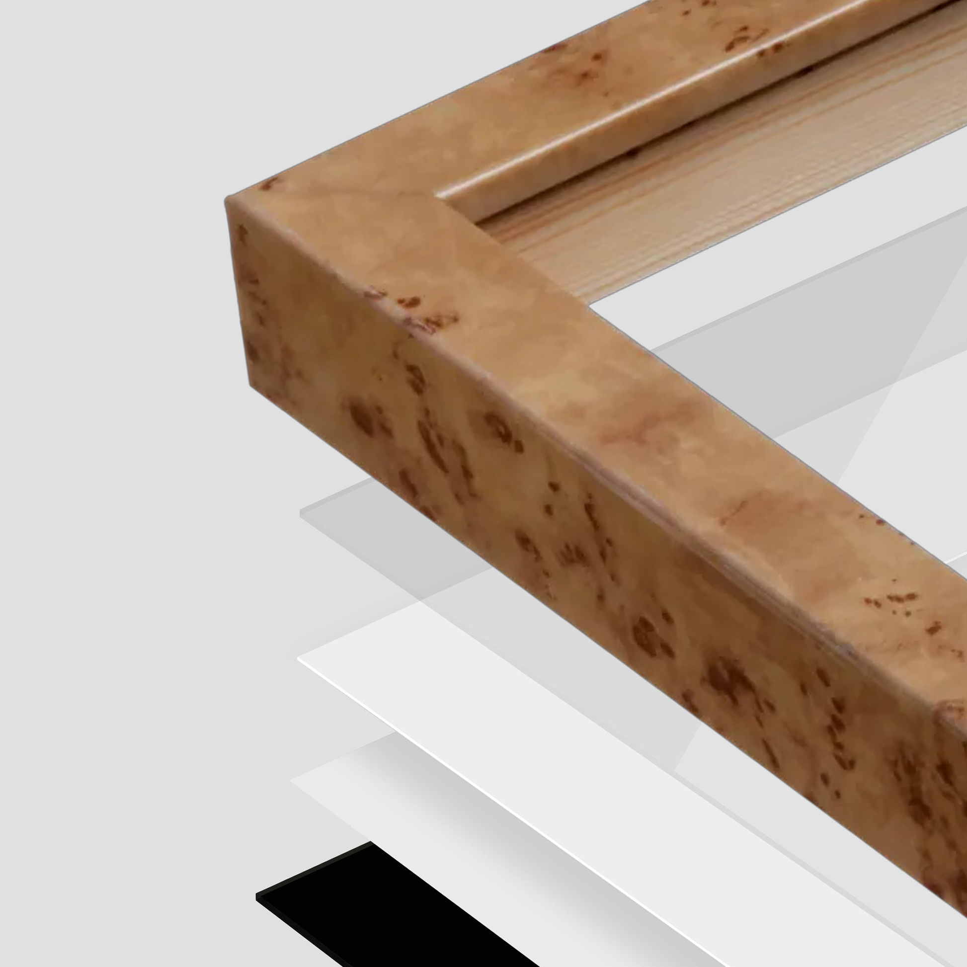 Golden Burlwood Verona Wall Frame corner Close up with layers broken out