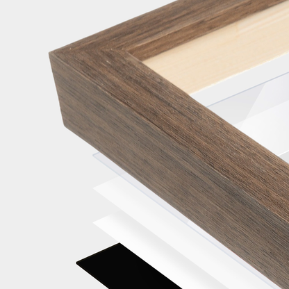 Light Walnut Heritage Wall Frame corner Close up with layers broken out