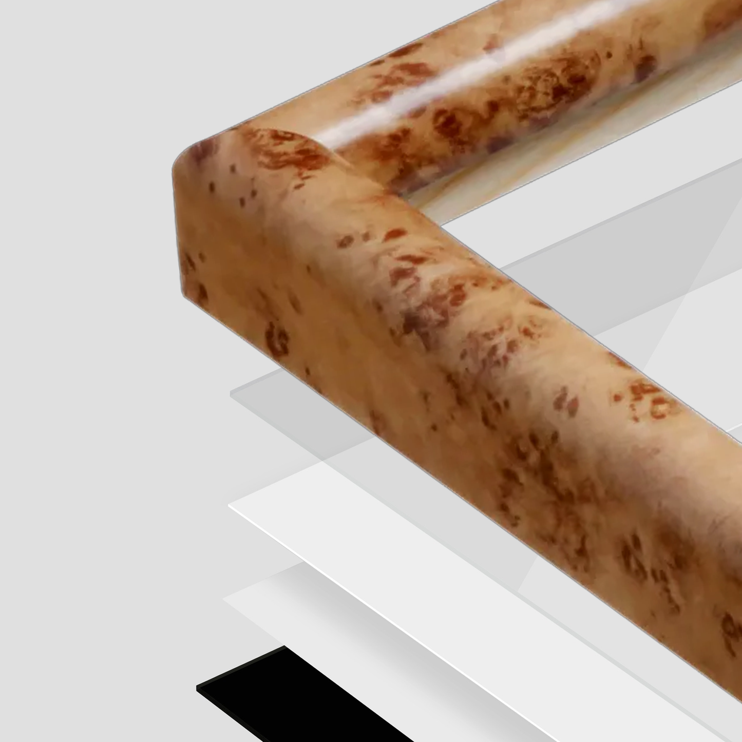 Caramel Burlwood Milano Wall Frame corner Close up with layers broken out