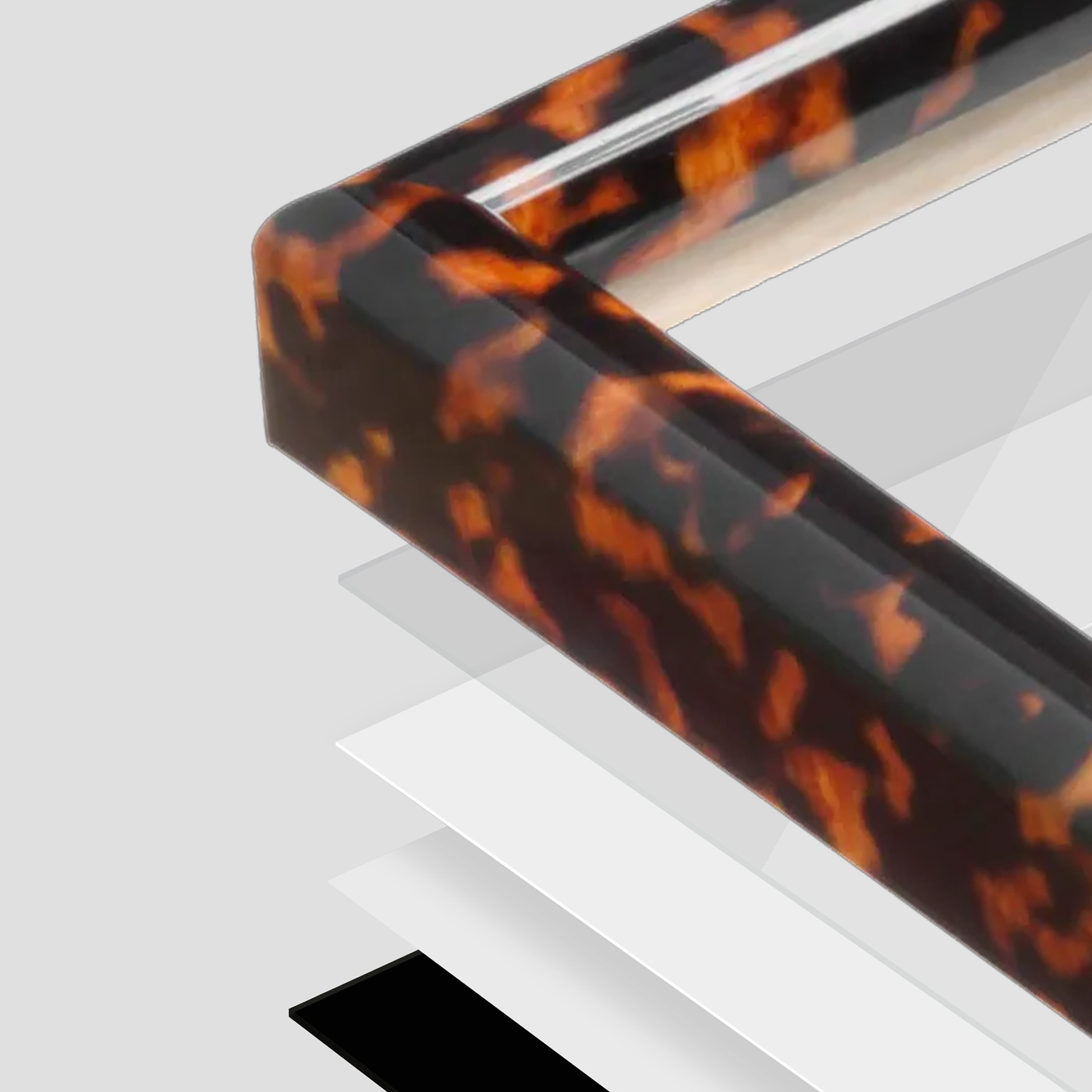 Tortoise Burlwood Milano Wall Frame corner Close up with layers broken out