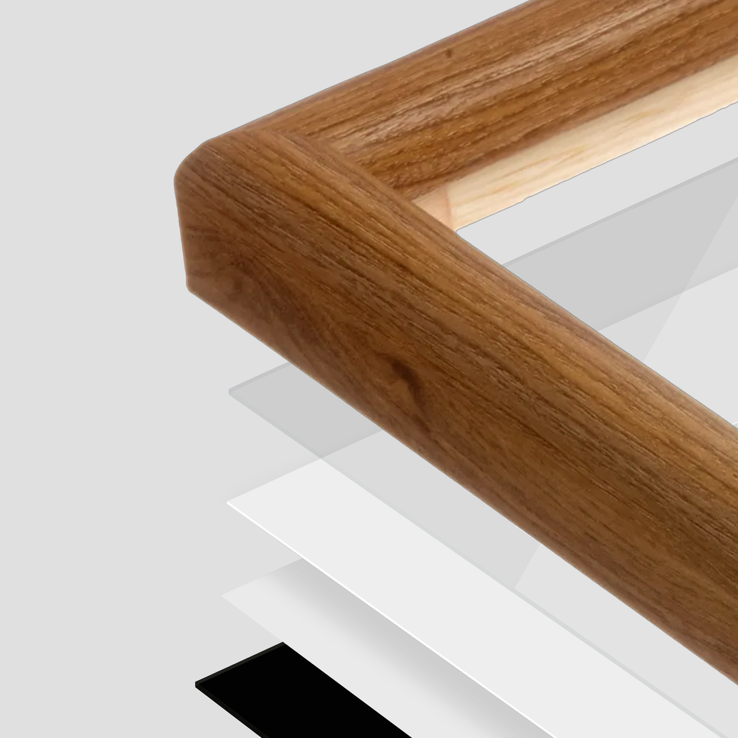 Light Walnut Hudson Wall Frame corner Close up with layers broken out