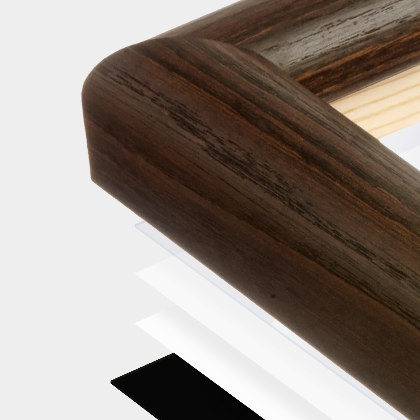 Dark Oak Hudson Valley Wall Frame corner Close up with layers broken out