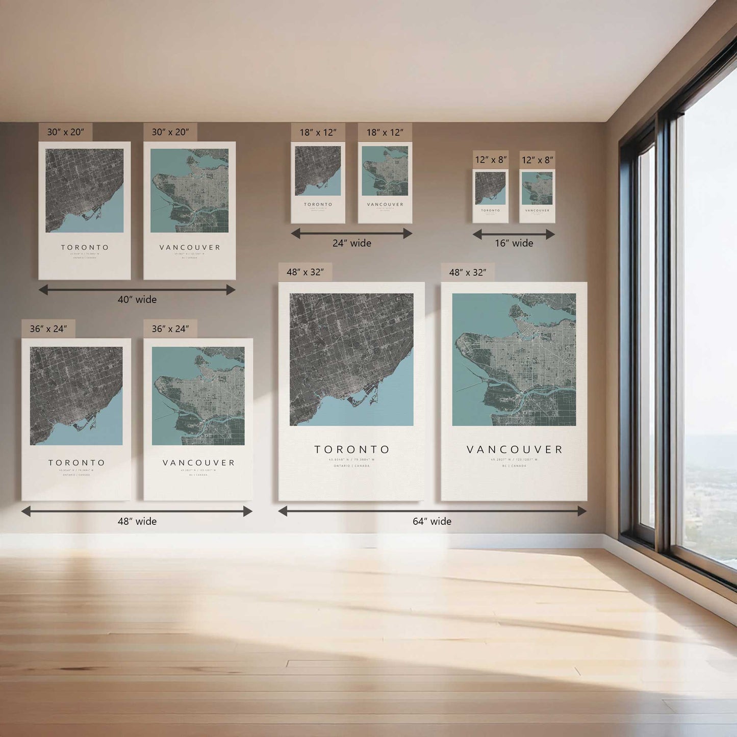 Toronto & Vancouver Street Maps, Set of 2 Prints on Canvas